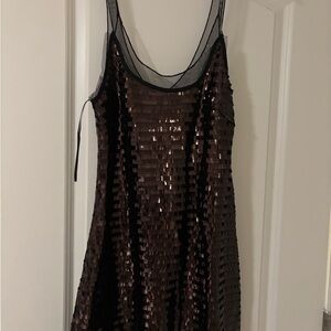 Free People Brown Sequin Party Mini Dress with Black Sheer Trim